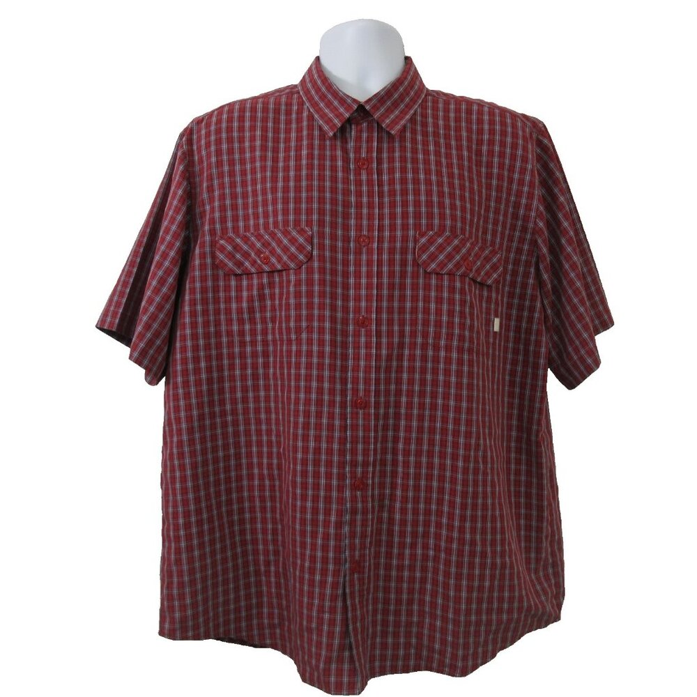 Billabong Mens Shirt Large Red Plaid Button Front S-Sleeve Collar Flap Pockets